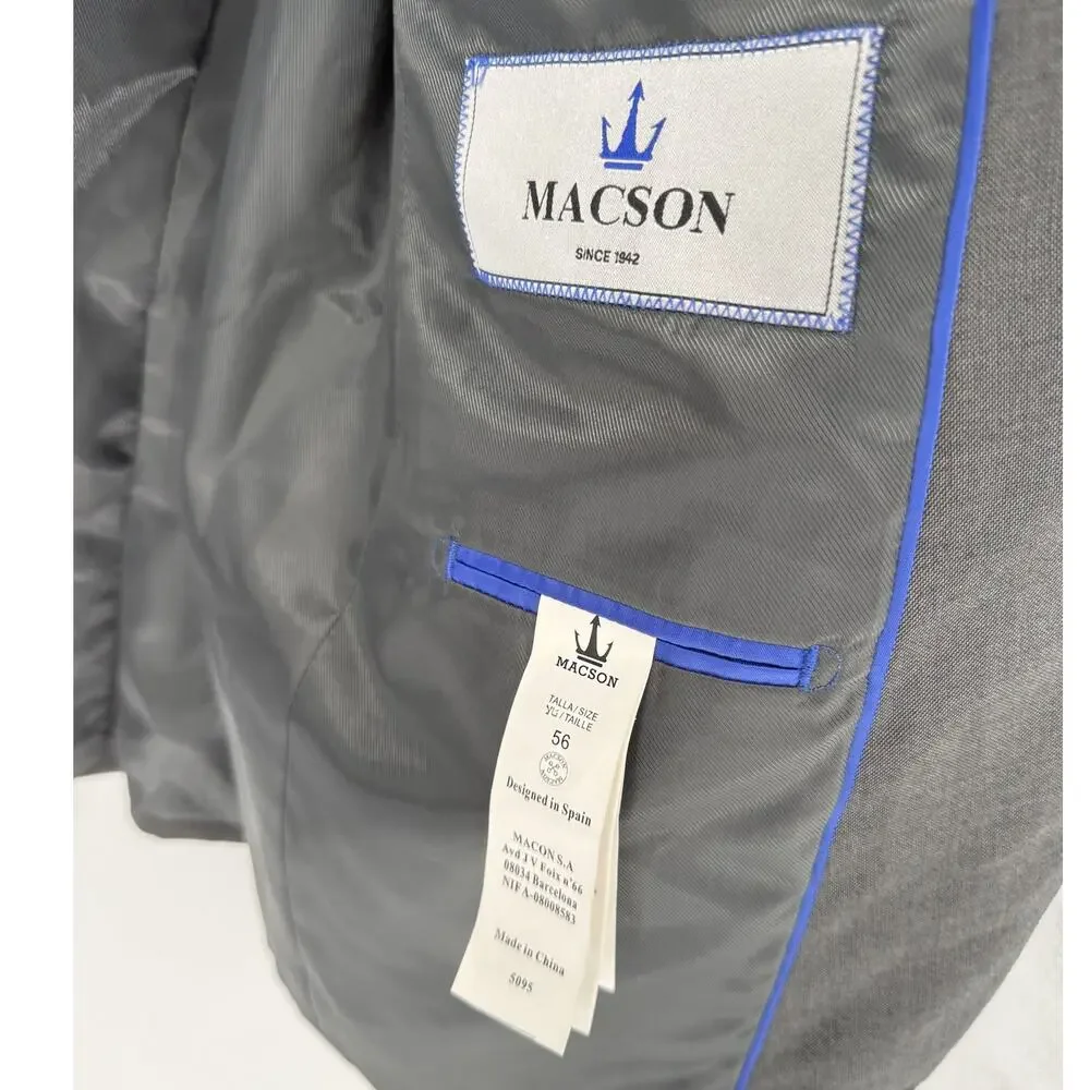 Macson Men's Gray Sport Coat Blazer 2 Button Blue Piped Lining EU 56 US 46